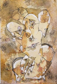 Vintage Modernist Abstract Figural Modernist Signed Mid Century Mixed Media Painting