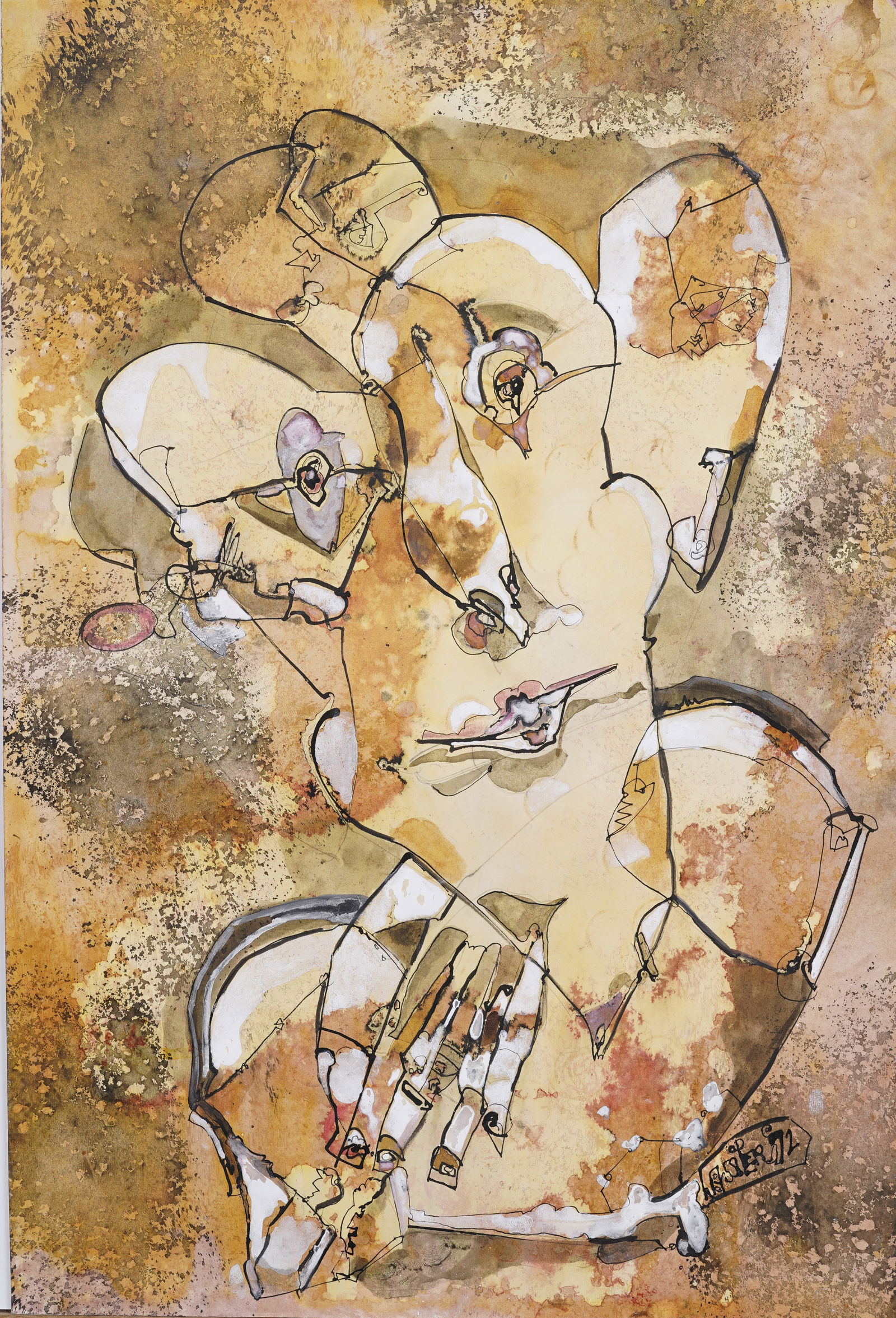 Vintage Modernist Abstract Figural Modernist Signed Mid Century Mixed Media Painting (1 of 6)