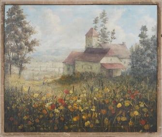 Large Vintage Framed Impressionist Flower Field Landscape European Oil Painting