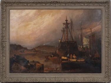 Important Antique Rare Early European Super Detailed Old Master Harbor Seascape Framed Oil Painting