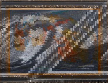 Large Vintage American Modernist Black Church Congregation Baptism View Religious Oil Painting