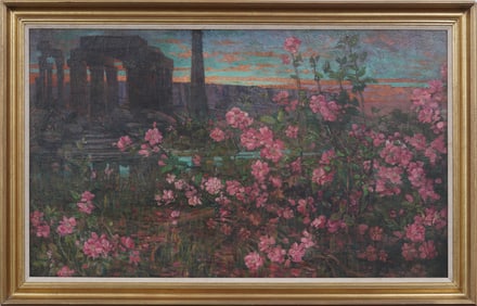 Large Antique Italian Impressionist Wild Rose Sunset Ruins Landscape Framed Oil Painting