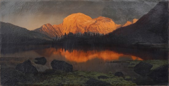 Mount Rainier Large Antique American Western Sunset Mountain Landscape Oil Painting Signed