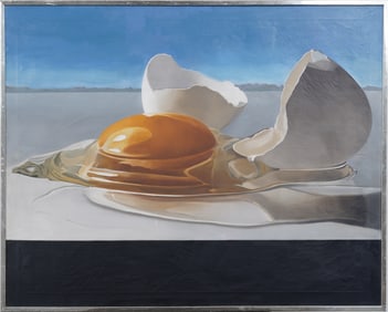 Hyperrealist Modern Surreal Still Life of Cracked Egg Framed Vintage Original Large Oil Painting