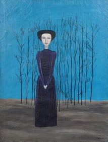 Signed  Douglas Vintage Surreal Figurative Portrait Painting of Woman in Winter Landscape Painting
