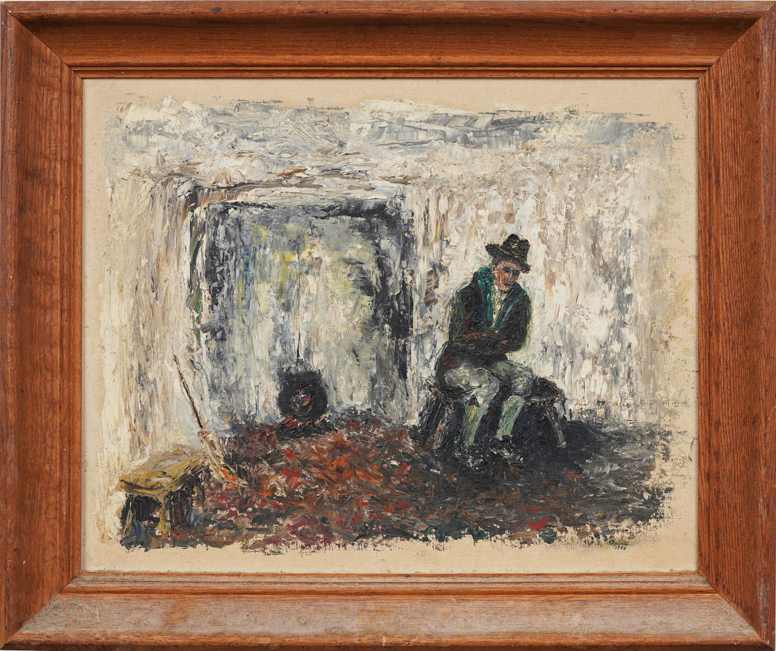 Signed 1955 Mid-Century Expressionist Interior Impasto Oil Painting of Seated Man in Stark Room (1 of 7)