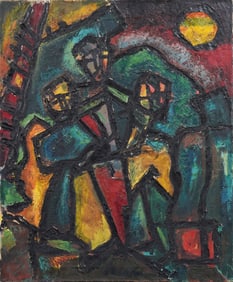 Vintage Mid Century Expressionist Abstract Figurative Thick Impasto Oil Painting on Canvas