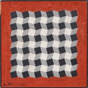 Signed Vintage Mid Century Geometric Abstract Optical Cube Pattern Mixed Media Painting on Canvas