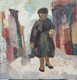 Vintage Mid Century Modern Urban Street Scene Figurative Original Oil Painting