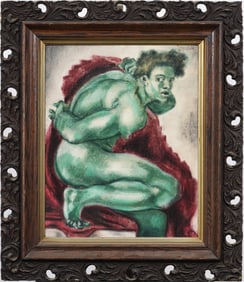 Vintage Modernist Nude Male Figure Portrait Framed Oil Painting on Canvas