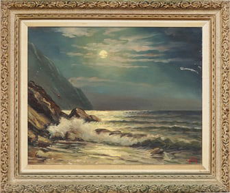 Alexander Nelke(1894-1974)Vintage European Moonlit Seascape Oil Painting in Ornate Gilt Frame