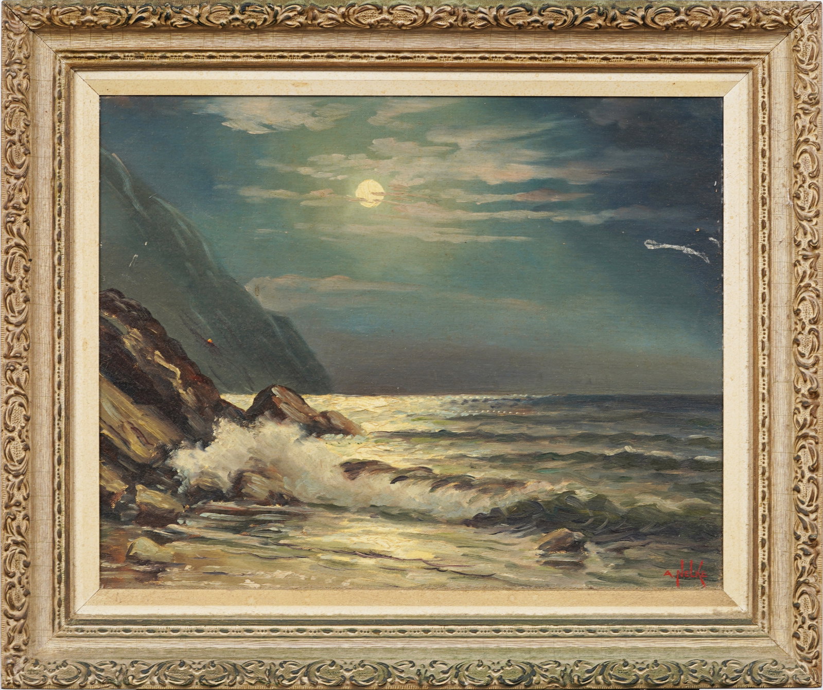 Alexander Nelke(1894-1974)Vintage European Moonlit Seascape Oil Painting in Ornate Gilt Frame: Alexander Nelke (New York, South Carolina, Estonian, 1894 - 1974) Vintage European Moonlit coastal seascape gilt frame oil painting. Signed. Measuring: 22 by 26 inches overall, and 16 by 20 painting a