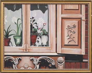 Vintage American Modernist Trompe L'Oeil Windowsill View Flower Still Life Framed Oil Painting