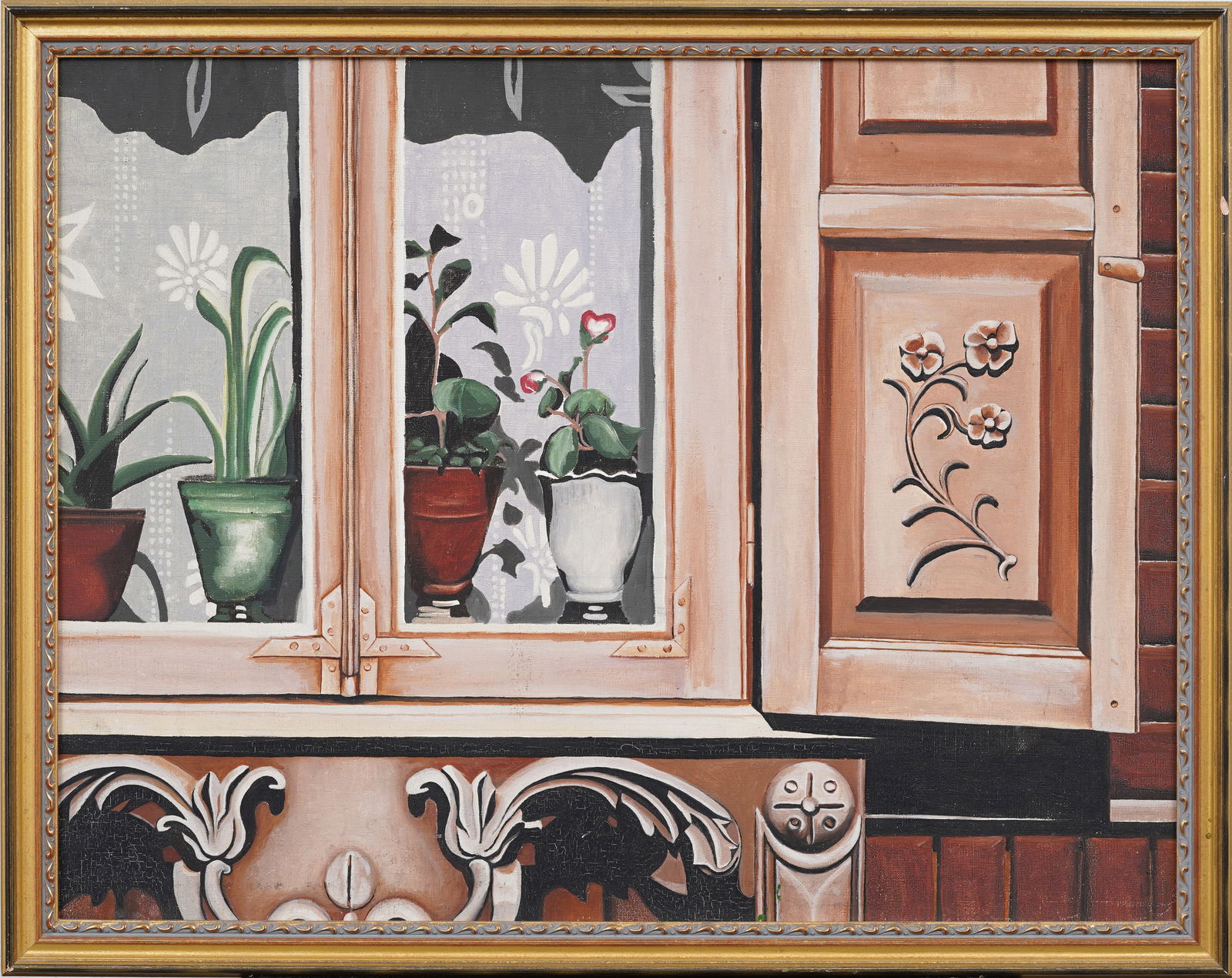 Vintage American Modernist Trompe L'Oeil Windowsill View Flower Still Life Framed Oil Painting (1 of 6)
