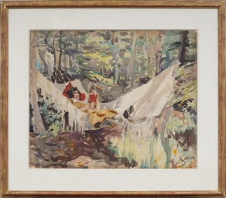 Charles Sarka (1879 - 1960) “Woman Reading September” Watercolor and Pencil Framed Painting