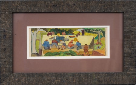 Eugene Arcieri Vintage American Modernist WPA Mural Study Children's Picnic Framed Oil Painting