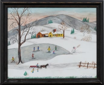 Evelyn Dubiel (b1922) “A New England Winter Day”  Vintage American Folk Art Painting