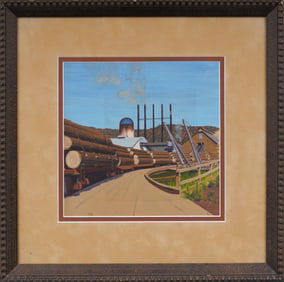 Vintage American Precisionist WPA Lumber Yard Modernist Industrial Framed Oil Painting