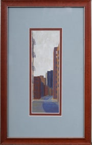 Vintage American Modernist Street Scene Framed Cityscape Painting