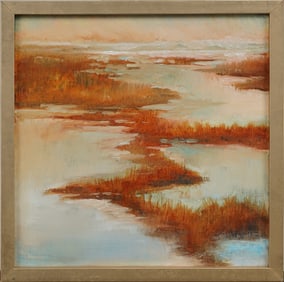 Vintage French Modernist Framed Marsh Landscape Oil Painting