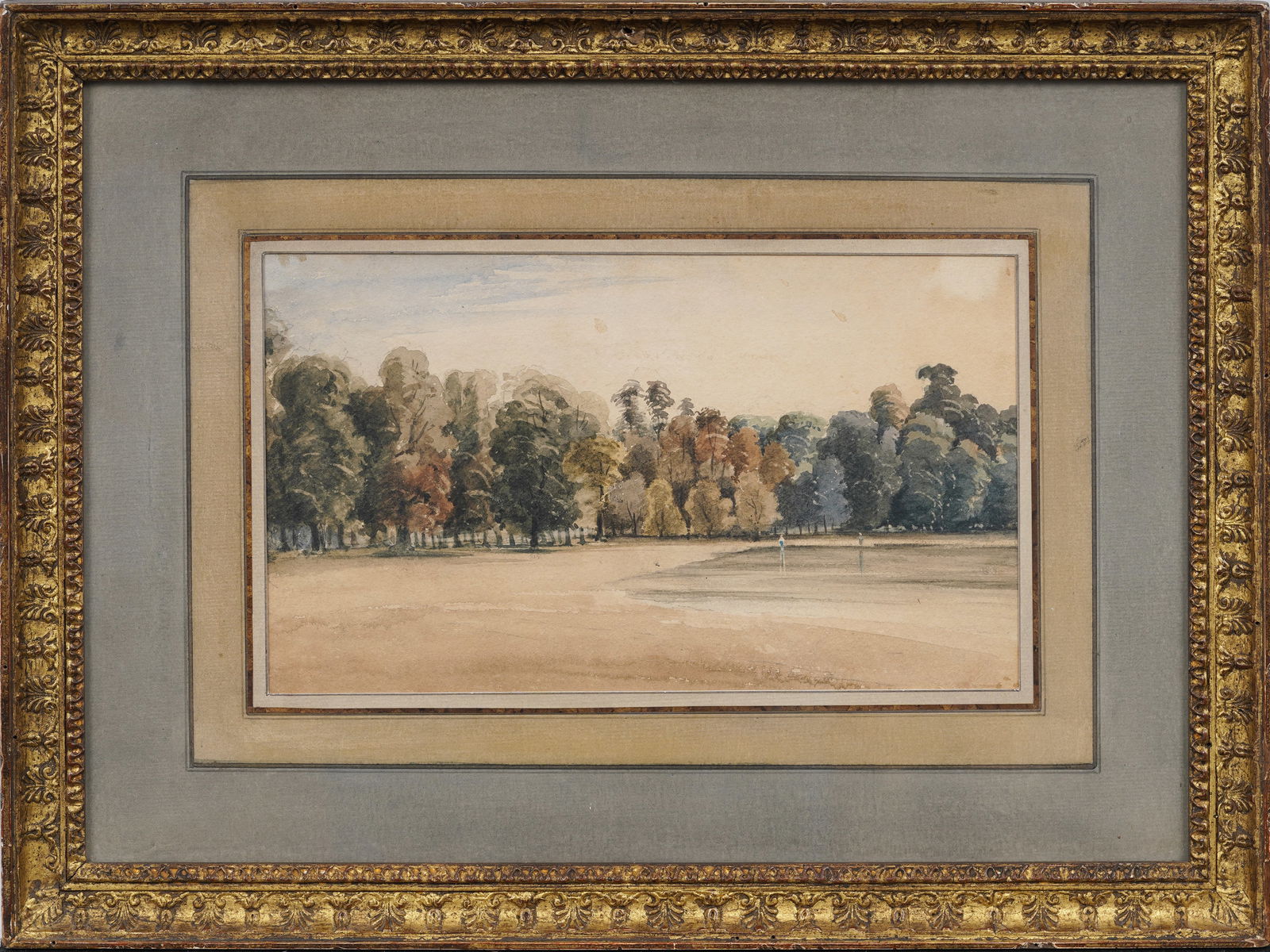 John Varley Kensington Gardens 1867 Antique English Nicely Framed Landscape Painting: Antiuqe English landscape painting. Nicely framed. Provenance from Davis Galleries NYC. Measuring: 13 by 17 inches overall, and 6 by 10 painting alone. Please see all images for condition. Size is mea