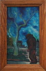 Antique American Modernist Nocturnal Moody WPA Street Scene Figural Framed Oil Painting