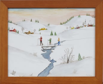 Evelyn Dubiel (b1922) “Cross Country Skiing”  Vintage Sporting Landscape American Folk Art