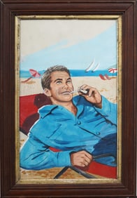 Vintage American Mid Century Modern Handsome Smoking Male Portrait Framed Oil Painting