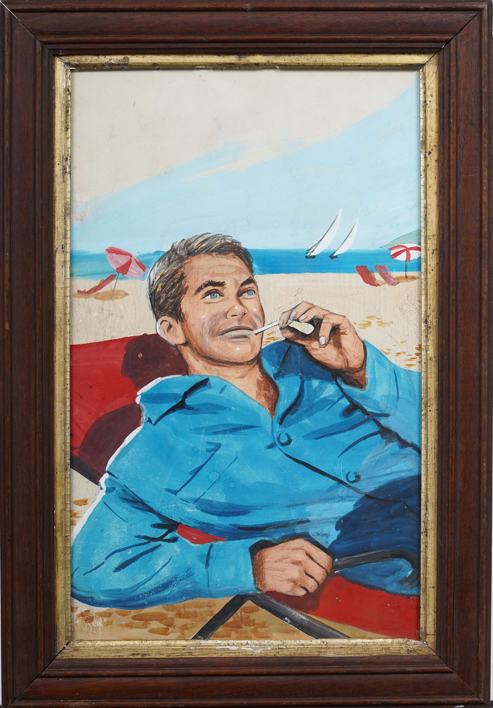 Vintage American Mid Century Modern Handsome Smoking Male Portrait Framed Oil Painting (1 of 6)