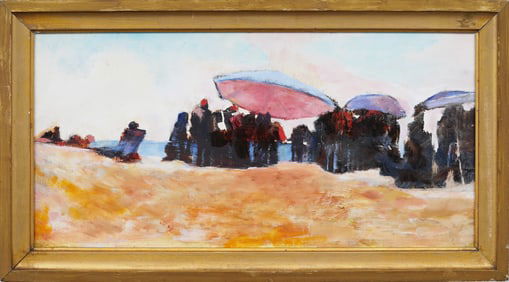 Vintage American Modernist Abstract Beach Scene Nicely Framed Figural Oil Painting