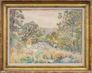 Charles Sarka (1879-1960) Vintage “Man & Dog In Landscape” Watercolor Painting