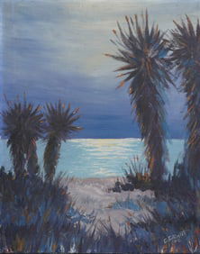 Cornelius Smith Jr. Vintage American Modernist Nocturnal Tropical Palm Tree Beach Scene Oil Painting
