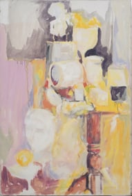 Vintage American School Modernist Interior Scene Abstract Signed Oil Painting