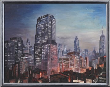 Vintage American Modernist Nocturnal New York Cityscape Street Scene Signed Framed Oil Painting