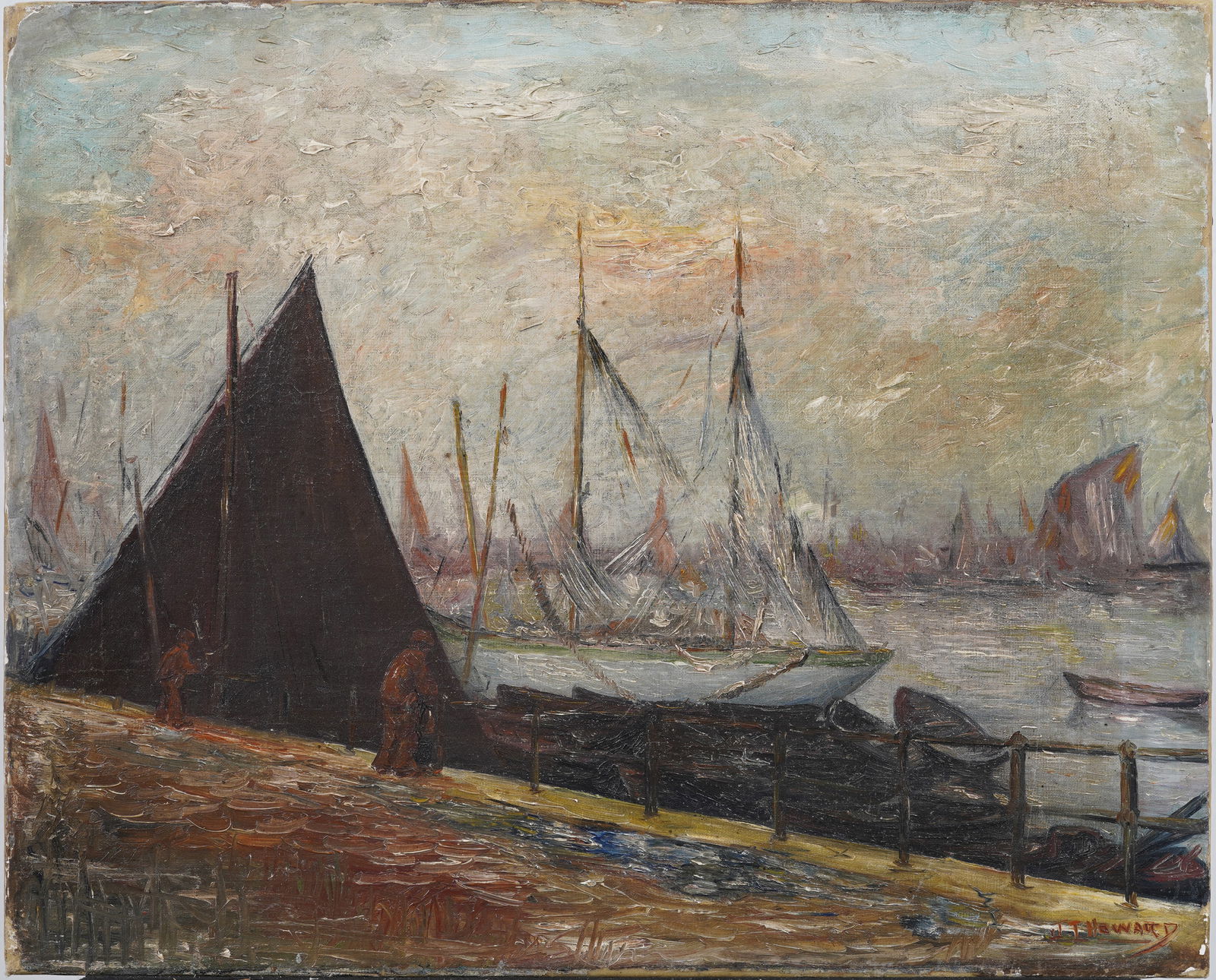 Signed Vintage American Impressionist New England Dock Scene Seascape Oil Painting (1 of 6)