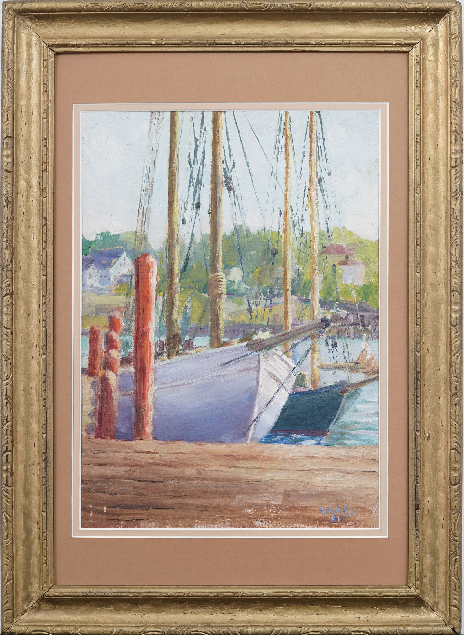 Signed Vintage American Impressionist New England Dock Scene Seascape Oil Painting (1 of 5)