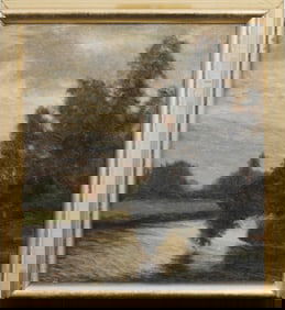 Vintage American Impressionist Framed Sunset River Landscape Oil Painting