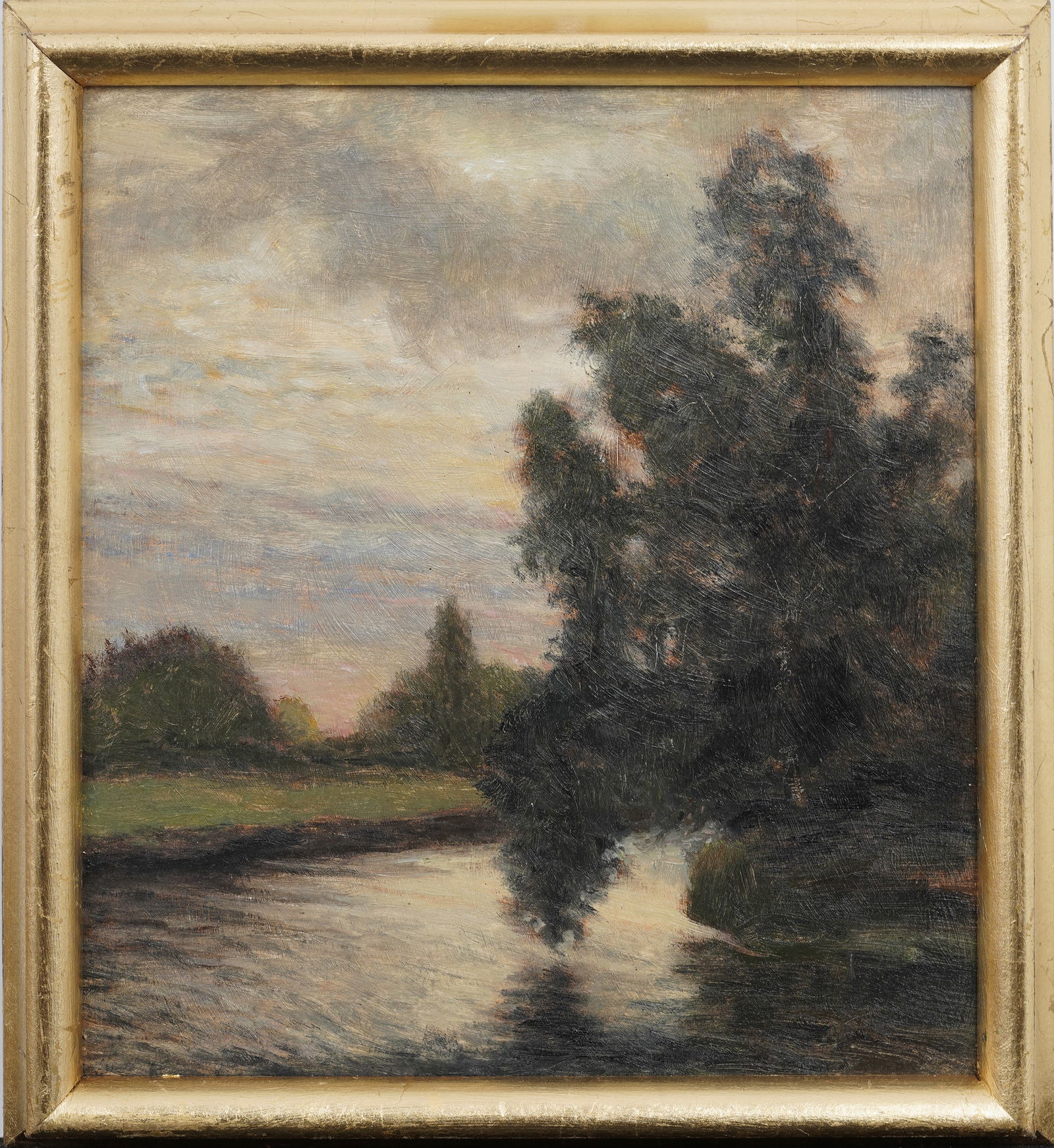 Vintage American Impressionist Framed Sunset River Landscape Oil Painting (1 of 6)
