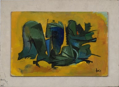 Vintage American Modernist Abstract Cubist Dragon Portrait Signed Oil Painting