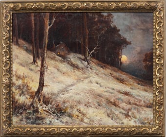 Jules Izier Antique French Impressionist Signed "Winter Moonrise" Framed Landscape Oil Painting