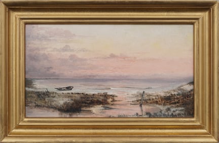 Antique American Hudson River School Coastal Seascape Beach Scene Framed Oil Painting