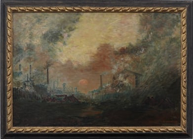 Large Antique Signed "C.F. Carpentier" Framed Modernist Industrial Sunset Landscape Factory Painting