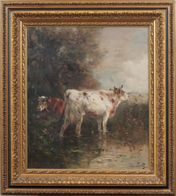 Henry Schouten (1859-1927) Antique Belgian Impressionist Cow Portrait Framed Landscape Oil Painting