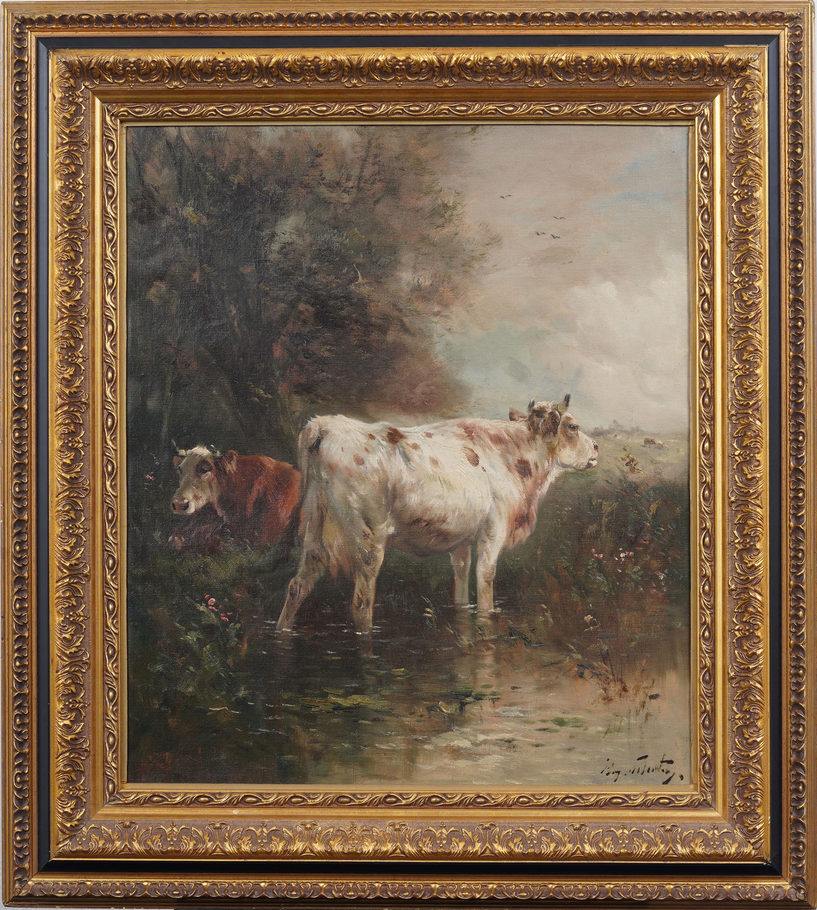 Henry Schouten (1859-1927) Antique Belgian Impressionist Cow Portrait Framed Landscape Oil Painting (1 of 7)