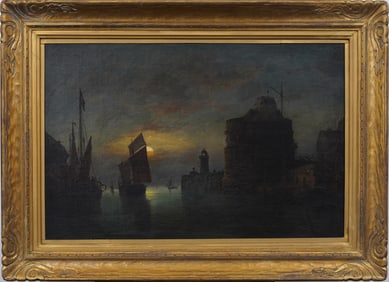 Antique European Nocturnal Moonlit Harbor Seascape Finely Framed 19th Century Oil Painting