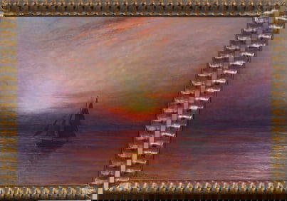 Antique American Impressionist Blazing Sunset Seascape Framed Signed Original Oil Painting