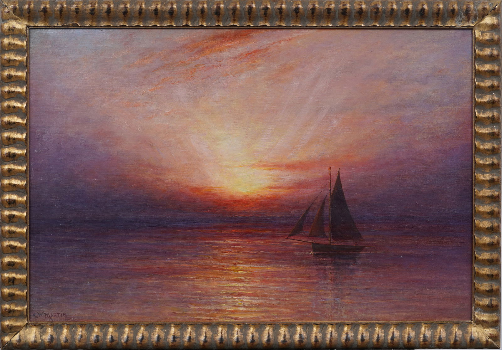 Antique American Impressionist Blazing Sunset Seascape Framed Signed Original Oil Painting (1 of 7)