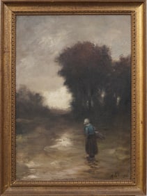 Albert Du Vannes 1881-1962 Antique Finely Painted Impressionist Landscape with Figure Oil Painting