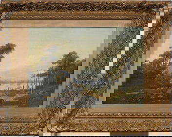 Antique European  19th Century Signed Mountain Lake Landscape Framed Oil Painting