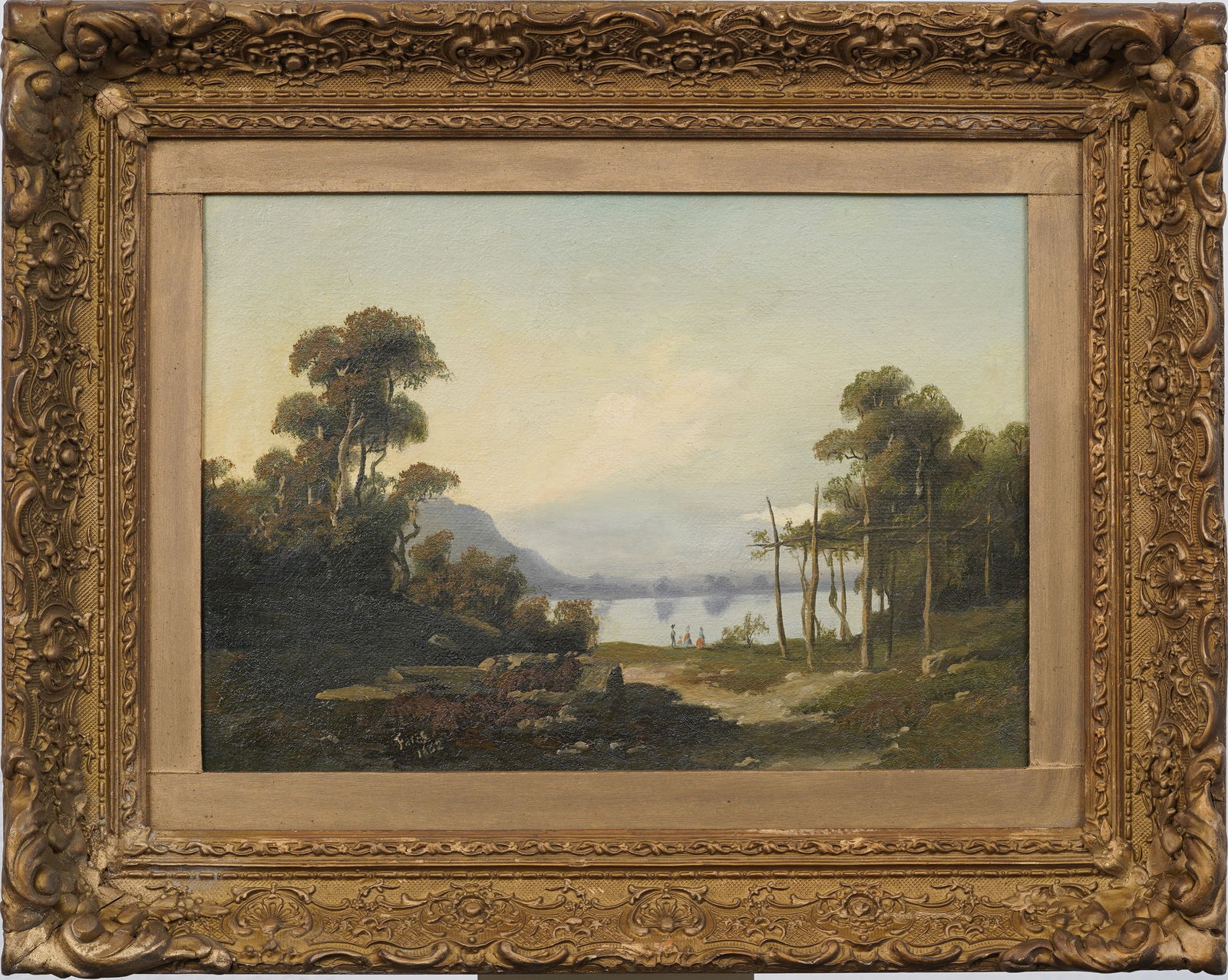 Antique European  19th Century Signed Mountain Lake Landscape Framed Oil Painting (1 of 7)